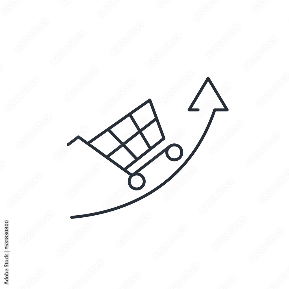 Poster shopping cart and up arrow. sales growth statistics. vector linear icon isolated on white background
