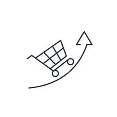 Shopping cart and up arrow. Sales growth statistics. Vector linear icon isolated on white background.