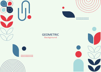 Abstract geometric template flat design with simple shapes of circles, dots, and lines on light blue background. Copy space for text. Landing page design. Vector Illustration.