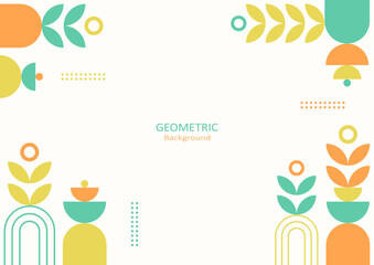Abstract geometric template flat design with simple shapes of circles, rings, and leaves on a pastel background. Copy space for text. Landing page design. Vector Illustration.