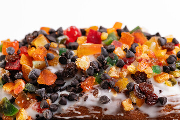Festive Christmas cake with dried fruits, close-up