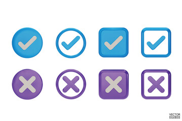 set of 3D Checkmark and X mark icon set. Blue and purple Checkmark right symbol, tick sign. check and uncheck for web and mobile apps. 3D vector illustration.