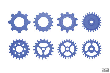 3D blue Gear icon set. Transmission cogwheels and gears are isolated on white background. Blue Machine gear, setting symbol, Repair, and optimize workflow concept. 3d vector illustration.