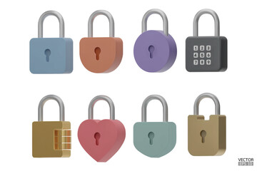 set of 3D Padlock icons isolated on white background. Minimal lock icon. 3d vector illustration.