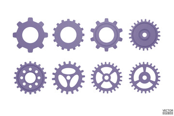 3D purple Gear icon set. Transmission cogwheels and gears are isolated on white background. Purple Machine gear, setting symbol, Repair, and optimize workflow concept. 3d vector illustration.