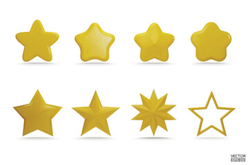 Premium Set of Yellow 3d stars icon for apps, products, websites, and mobile applications. Cute cartoon stars quality rating isolated on white background. 3D vector illustration.