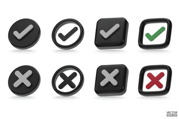set of 3D black Checkmark, and X mark icon sets. Checkmark the right symbol, and tick the sign. check and uncheck for web and mobile apps. 3D vector illustration.