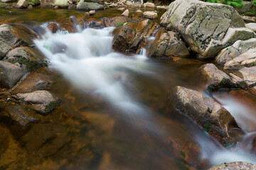 der Fluss Ilse bei Ilsenburg im Wald am Fuße des Brocken im Nationalpark Harz