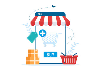 Mobile Phone Store Template Hand Drawn Cartoon Flat Illustration with Phones Models, Tablets, Gadget Retail, Other Devices and Accessories