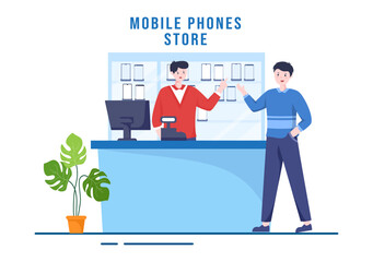 Mobile Phone Store Template Hand Drawn Cartoon Flat Illustration with Phones Models, Tablets, Gadget Retail, Other Devices and Accessories