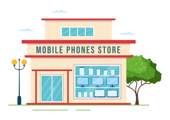Mobile Phone Store Template Hand Drawn Cartoon Flat Illustration with Phones Models, Tablets, Gadget Retail, Other Devices and Accessories