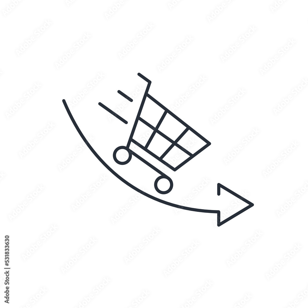 Poster consumer basket flying down. sales decline statistics. vector linear icon isolated on white backgrou