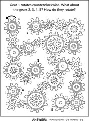 Pinions puzzle of transmission with gears rotating clockwise and counterclockwise. Answer included.

