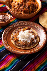Tostada de Tinga de Res. Typical Mexican dish prepared mainly with shredded beef, onion and dried chilies. It is customary to serve it on corn tortilla tostadas.