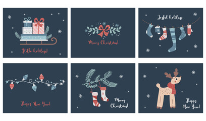 Naklejka premium Vector set of Christmas and Happy New Year illustration postcards. design horizontal templates. Sleigh with gifts, Christmas sock, garland and deer. Xmas and New 2023 Year celebration preparation