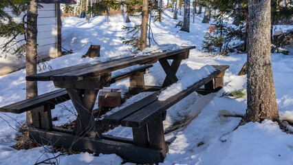 A place to relax in the winter park. Wooden benches and a table covered with a layer of snow are standing in a snowdrift. The house is nearby. Trees all around. Altai