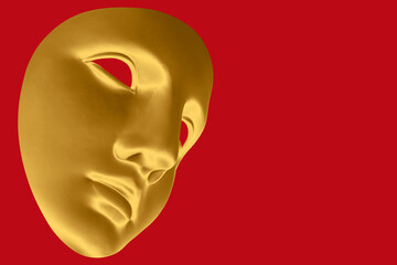 Antique sculpture of human face in artificial intelligence luxury art style. Modern creative concept image with ancient gold statue. Contemporary neural network art poster. Funky punk collage design.