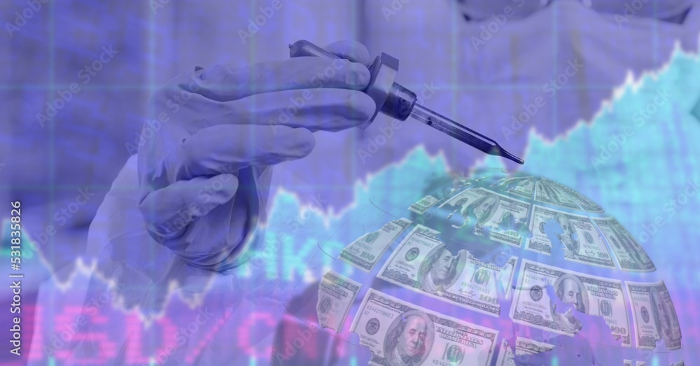 Aufkleber digital illustration of scientist wearing gloves and using a pipette with dollar and globe