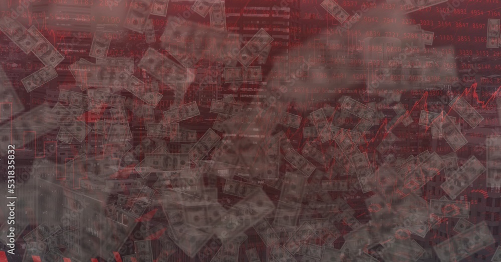 Poster digital illustration of dollar floating over data processing and cityscape