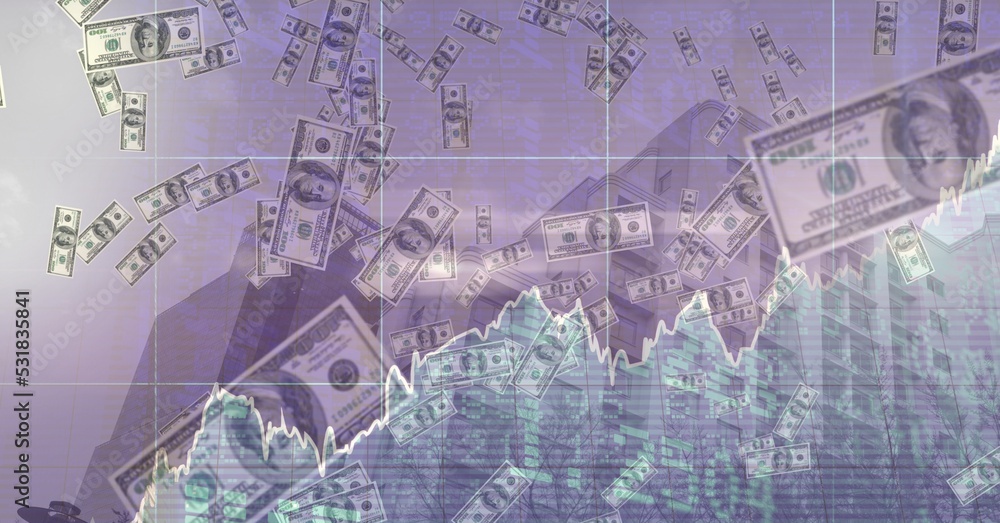 Poster digital illustration of dollar floating with data processing and statistics showing over cityscape i