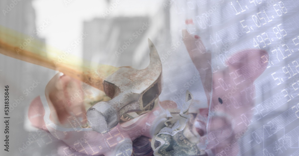 Poster digital illustration of a piggy bank crushed with hammer over data processing