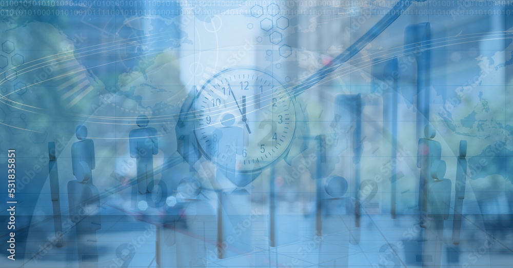 Poster digital illustration of clock with data processing over cityscape