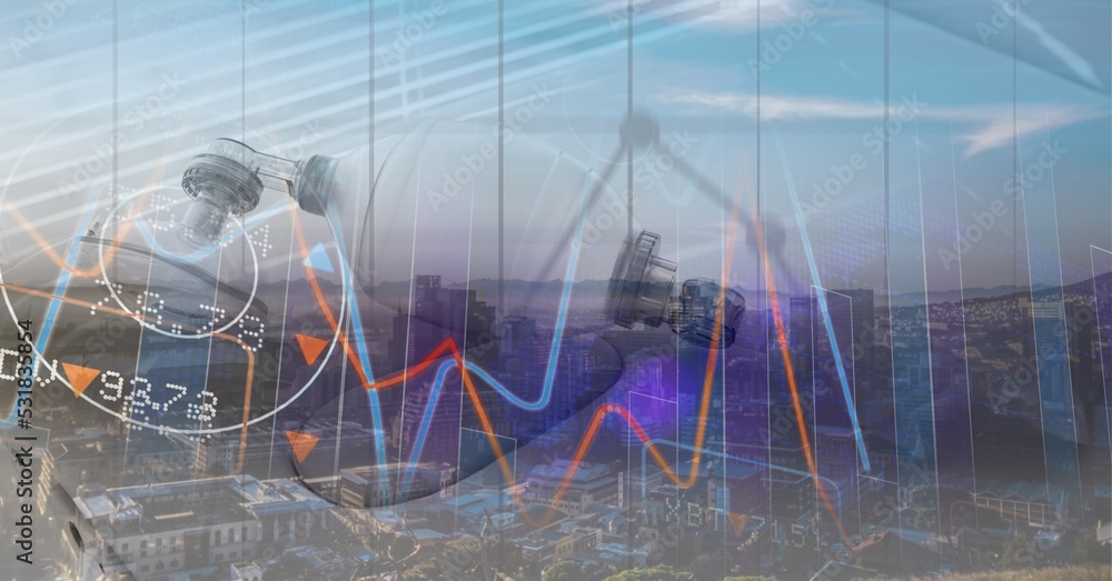 Poster digital illustration of an oxygen mask with data processing over cityscape