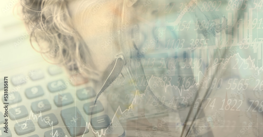 Poster digital illustration of patient wearing an oxygen mask with calculator over data processing