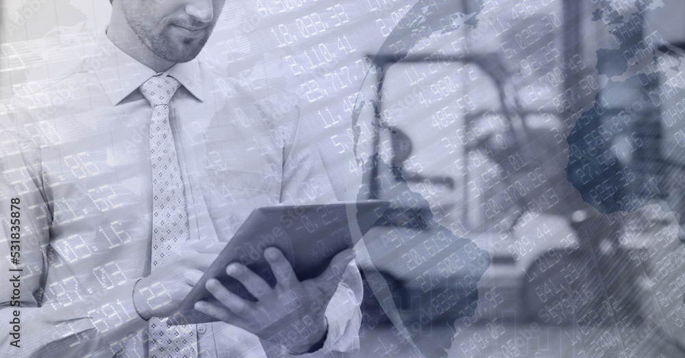Poster digital illustration of man using digital tablet working in warehouse over data processing