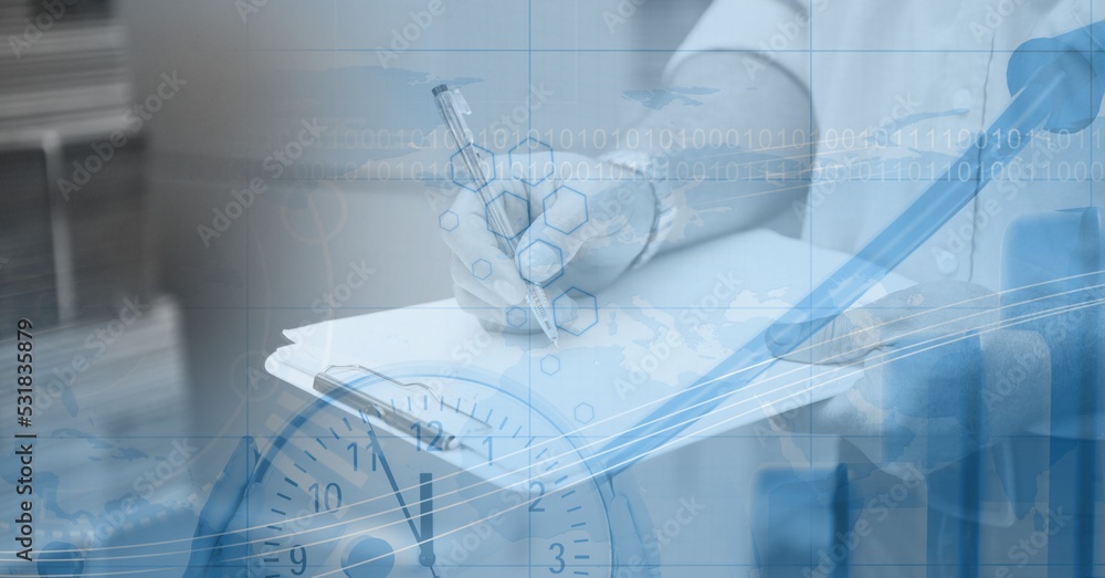 Poster digital illustration of person working in warehouse with a clock over data processing