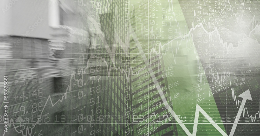 Poster digital illustration of data processing with statistics showing over cityscape in background