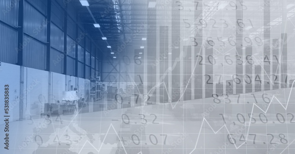 Poster digital illustration of data processing over an empty warehouse