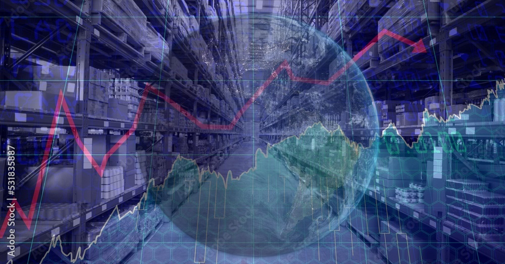 Poster digital illustration of earth with an empty warehouse with data processing