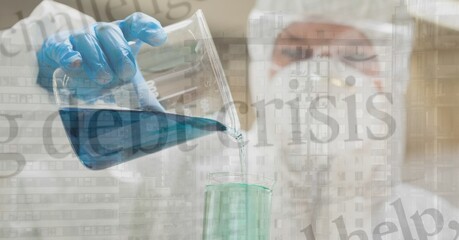 Digital illustration of doctor scientist wearing coronavirus covid19 mask and pouring a liquid ove