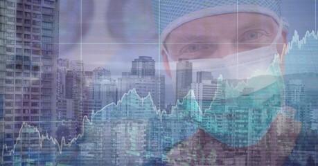 Digital illustration of male doctor wearing coronavirus Covid19 mask over cityscape and data