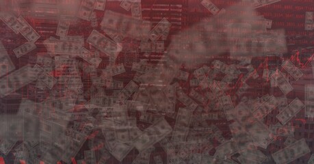 Digital illustration of dollar floating over data processing and cityscape
