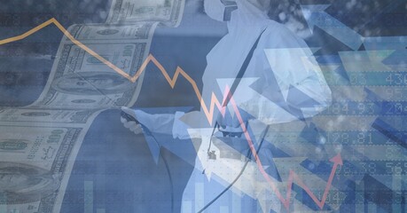 Digital illustration of person wearing protective suit and coronavirus Covid-19 mask