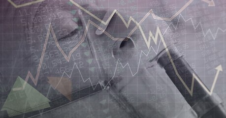 Digital illustration of senior patient wearing an oxygen mask with graphs