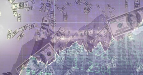 Digital illustration of dollar floating with data processing and statistics showing over cityscape i