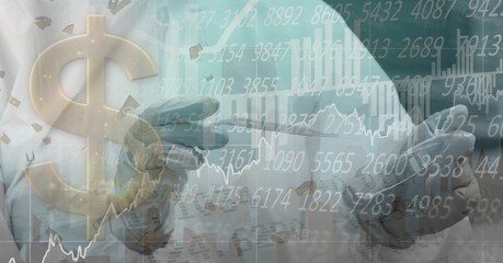 Digital illustration of doctor scientist working in hospital laboratory with data processing