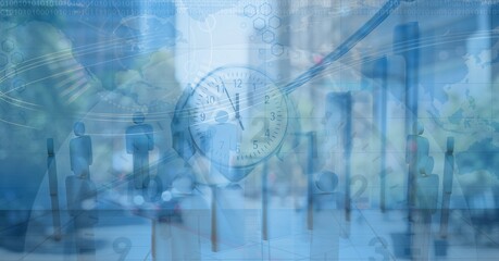 Digital illustration of clock with data processing over cityscape