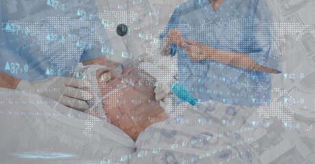 Digital illustration of a patient lying on a hospital bed wearing an oxygen mask with statistics sho