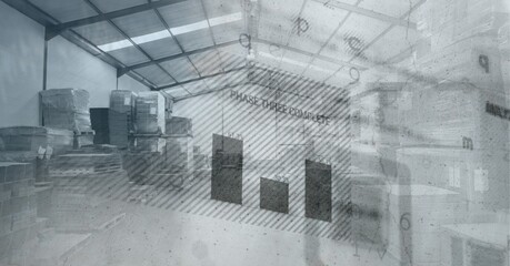 Digital illustration of data processing showing over an empty warehouse