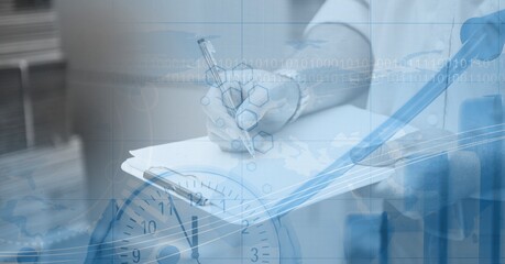 Digital illustration of person working in warehouse with a clock over data processing