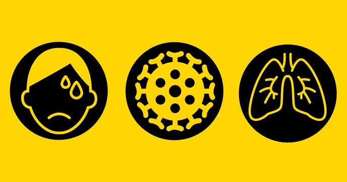 Illustration of a three black circles with unhappy face, cell of coronavirus and lungs on yellow bac