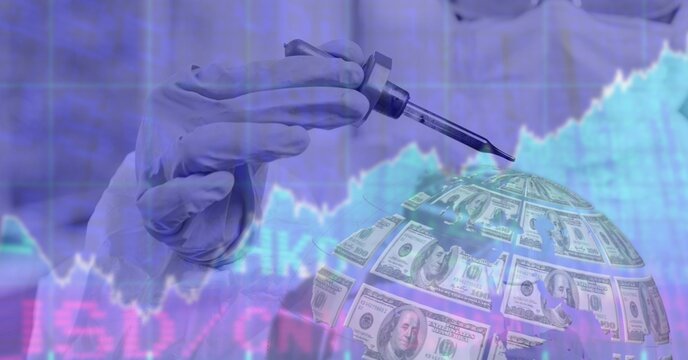 Digital illustration of scientist wearing gloves and using a pipette with dollar and globe