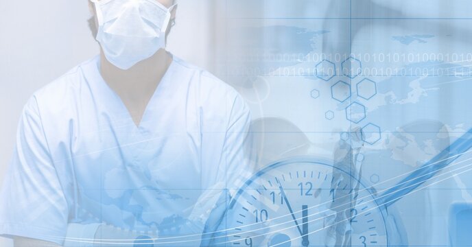 Digital illustration of doctor wearing coronavirus Covid19 mask with clock over data processing