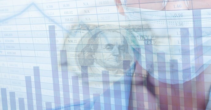 Digital illustration of doctor wearing coronavirus covid19 mask with dollar over data processing