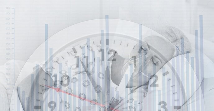 Animation of female patient lying in hospital bed with clock and data