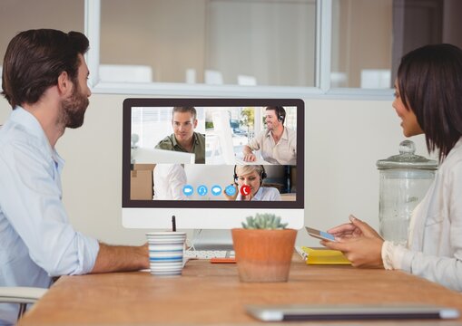 Side view of people during a visio call on computer - Powered by Adobe